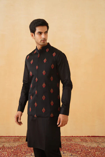 Black Color Red Butti Motif Printed Jacket And Kurta Set For Men's