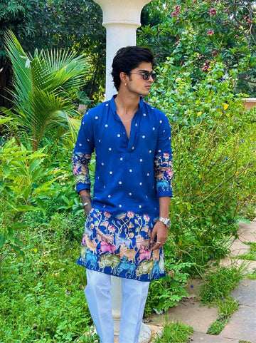 BLUE COW N LOTUS BUTTY EMBROIDERED PRINTED KURTA WITH PAJAMA SET