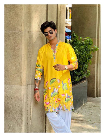 YELLOW PEACOCK COW N LOTUS PRINTED KURTA WITH PAJAMA SET