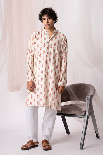 OFF WHIT FLORAL PRINTED MEN'S KURTA WITH PAJAMA SET