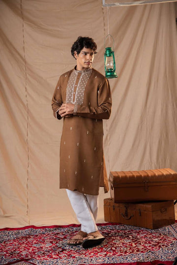 BROWN SEQUENCE NECK EMBROIDERED WORK MEN’S KURTA WITH PAJAMA