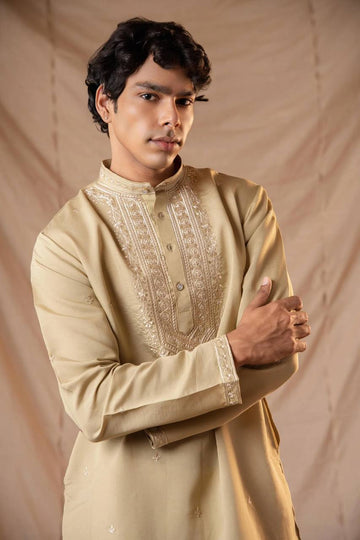 BEIGE NECK SEQUENCE EMBROIDERED WORK MEN’S KURTA WITH PAJAMA