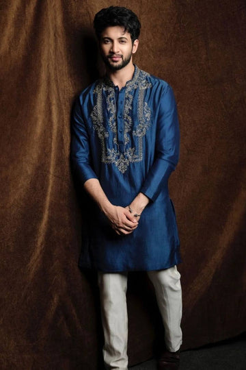 BLUE JARI NACK PURE GAJI SILK EMBROIDERED KURTA WITH PAJAMA SET