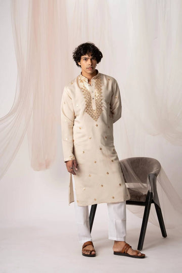 GOLDEN SEQUENCE EMBROIDERY WORK MEN’S KURTA WITH PAJAMA