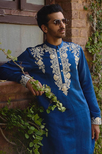 BLUE NACK WHITE EMBROIDERED KURTA WITH PAJAMA SET