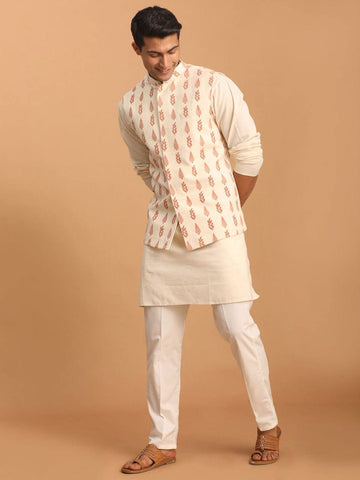 White Color Red Butti Motif Printed Jacket And Kurta Set For Men's