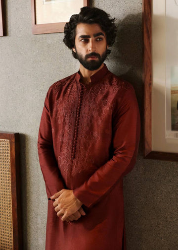 MAROON NECK EMBROIDERED WORK MEN’S KURTA WITH PAJAMA