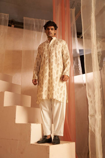 OFF WHITE DESIGNER BROWN PRINTED KURTA PAJAMA SET