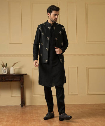 Black Color Sequence Butti Motif Embroidered Jacket And Kurta Set For Men's
