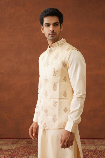 BEIGE EMBROIDERED JACKET AND KURTA SET FOR MEN'S