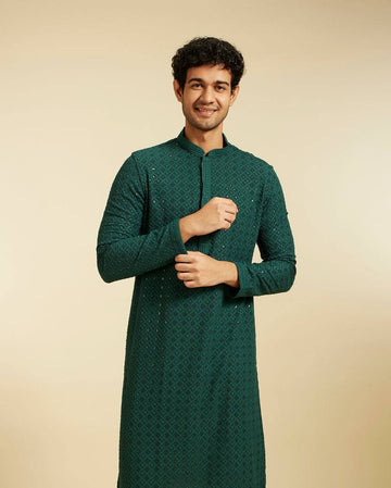 BOTTLE GREEN CHIKANKARI EMBROIDERED KURTA PAJAMA SET