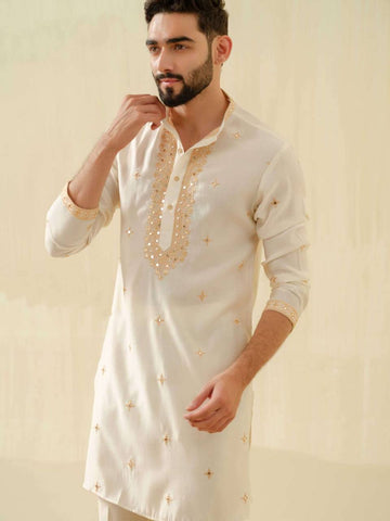 STYLISH OFF WHITE MIRROR WORK EMBROIDERED KURTA WITH PAJAMA