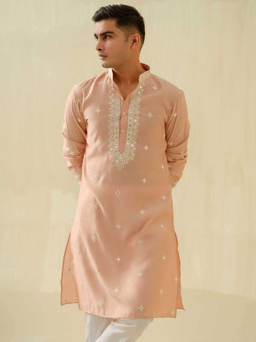 STYLISH PEACH MIRROR WORK EMBROIDERED KURTA WITH PAJAMA
