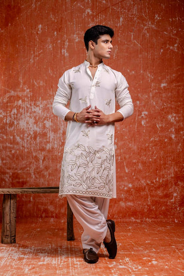 MILKY WHITE LEAF FOIL WORK EMBROIDERED KURTA WITH PAJAMA