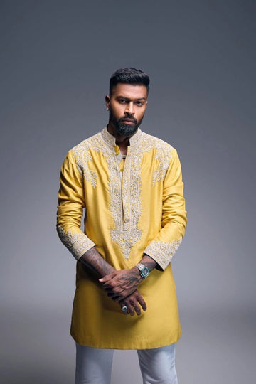 HP YELLOW DORI WORK EMBROIDERED KURTA WITH PAJAMA