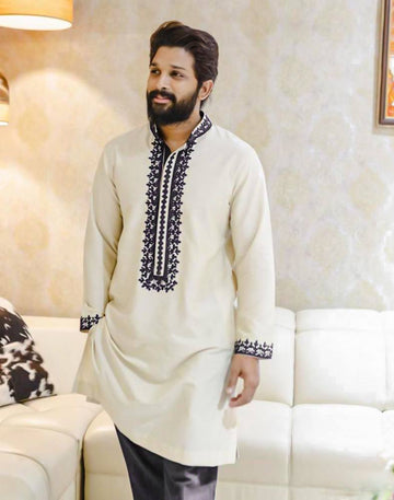 AA OFF WHITE BLACK EMBROIDERED WORK KURTA WITH BLACK PAJAMA
