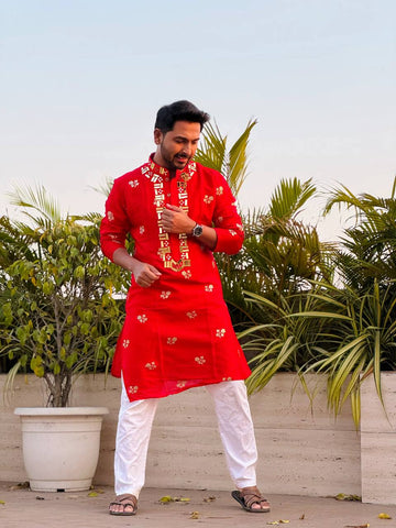 RED NECK MIRROR WORK EMBROIDERED KURTA PAJAMA SET FOR MEN'S