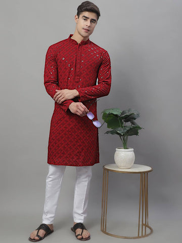 RED CHIKANKARI EMBROIDERED KURTA PAJAMA SET