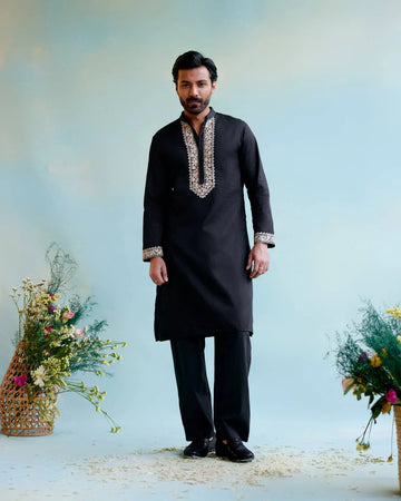 black  Neck white Cotton Embroidered Work Men's Kurta with Pajama