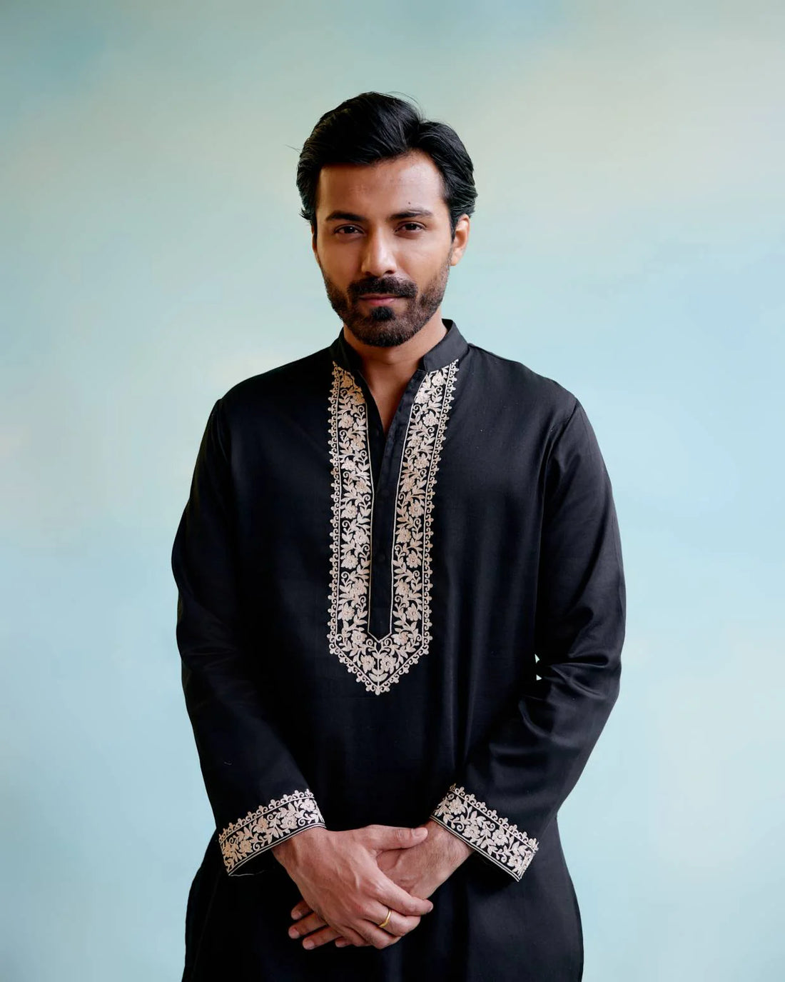 black  Neck white Cotton Embroidered Work Men's Kurta with Pajama