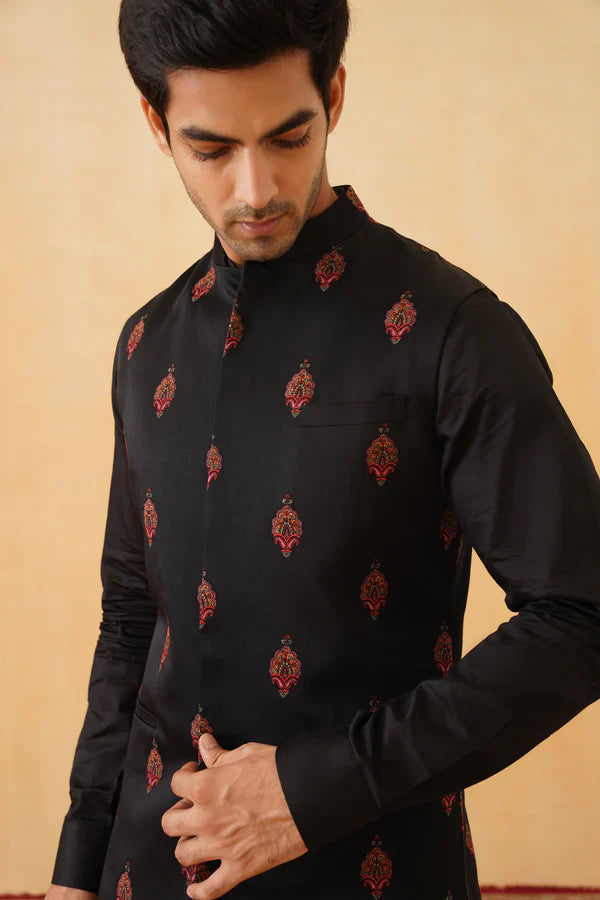 Black Color Red Butti Motif Printed Jacket And Kurta Set For Men's