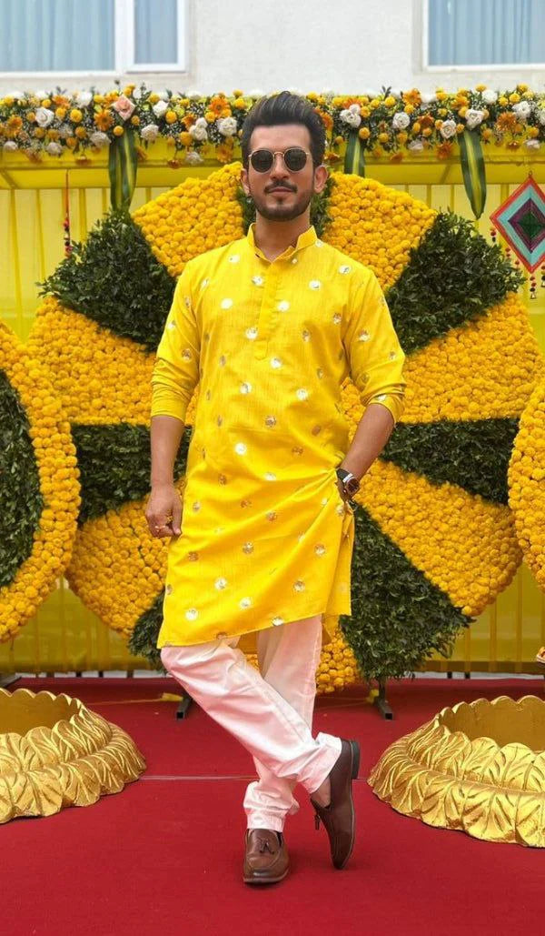 Yellow Sequence Embroidered Work Men's Kurta with Pajama