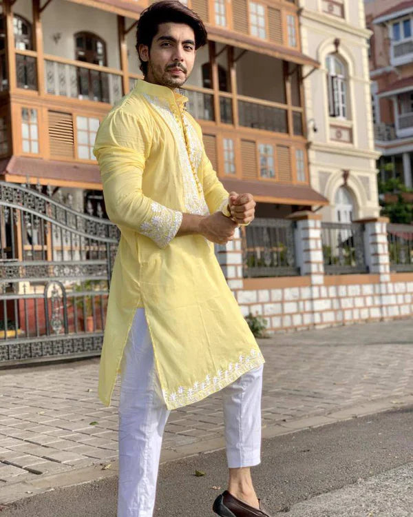 LIGHT YELLOW NECK EMBROIDERED MEN'S KURTA WITH PAJAMA SET