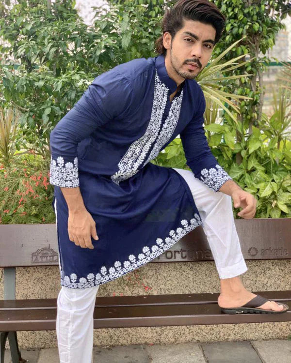 BLUE NECK EMBROIDERED MEN'S KURTA WITH PAJAMA SET