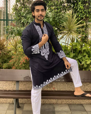 BLACK NECK EMBROIDERED MEN'S KURTA WITH PAJAMA SET