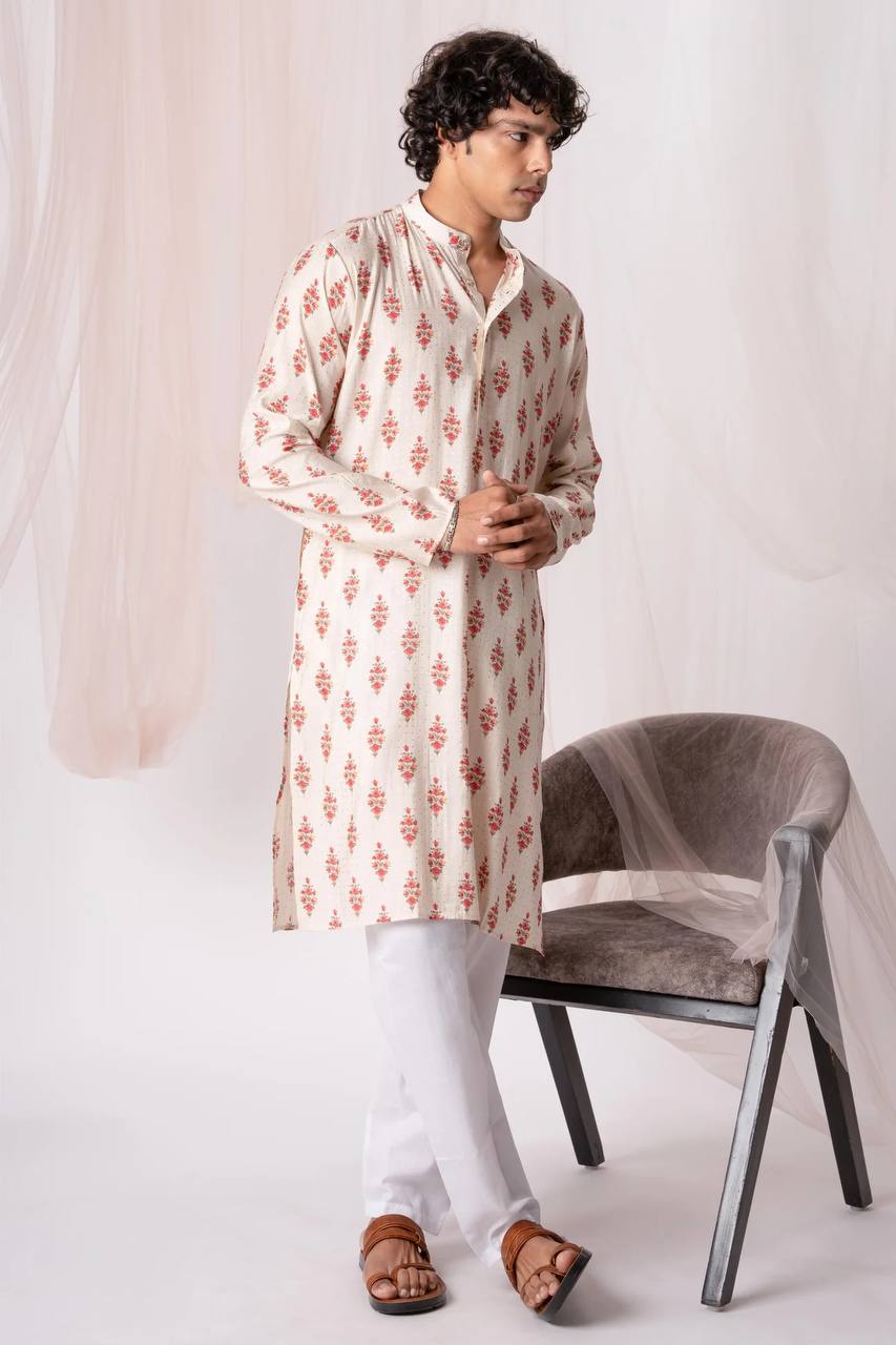 OFF WHIT FLORAL PRINTED  MEN'S KURTA WITH PAJAMA SET
