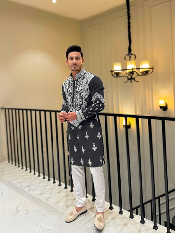 SPECIAL BLACK NECK EMBROIDERED WORK MEN’S KURTA WITH PAJAMA