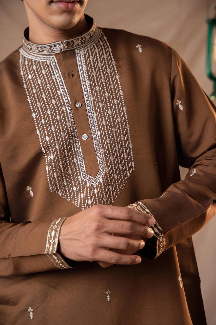 BROWN SEQUENCE NECK EMBROIDERED WORK MEN’S KURTA WITH PAJAMA