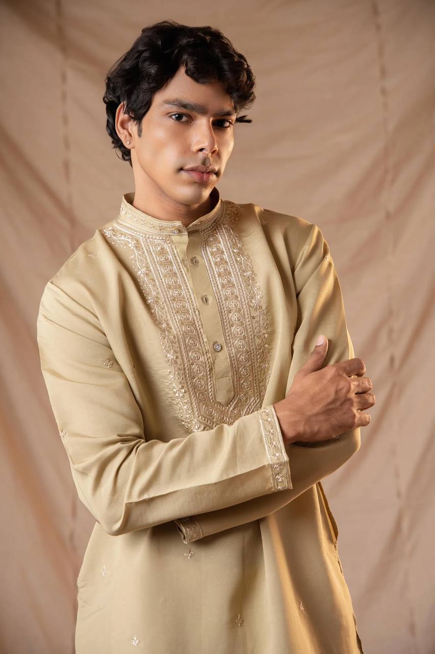 BEIGE NECK SEQUENCE EMBROIDERED WORK MEN’S KURTA WITH PAJAMA