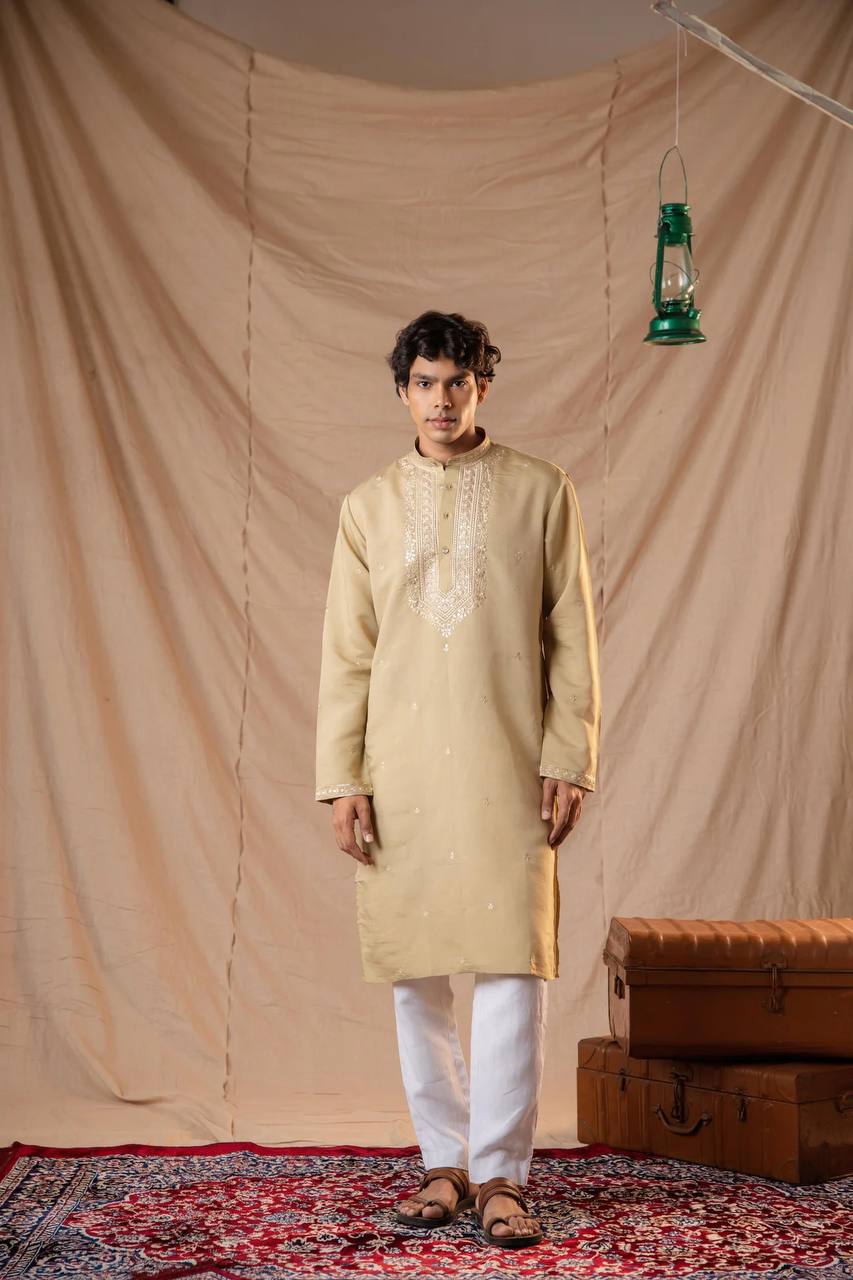 BEIGE NECK SEQUENCE EMBROIDERED WORK MEN’S KURTA WITH PAJAMA