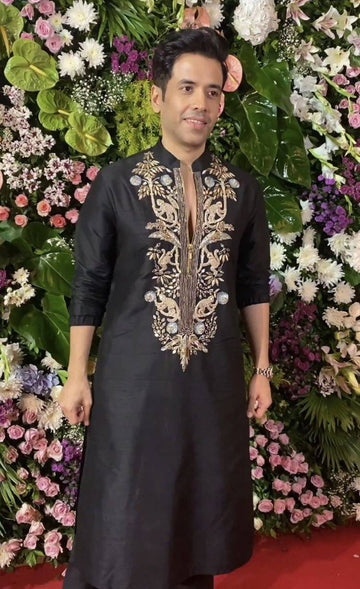 BLACK NACK SATIN EMBROIDERED KURTA WITH PAJAMA SET