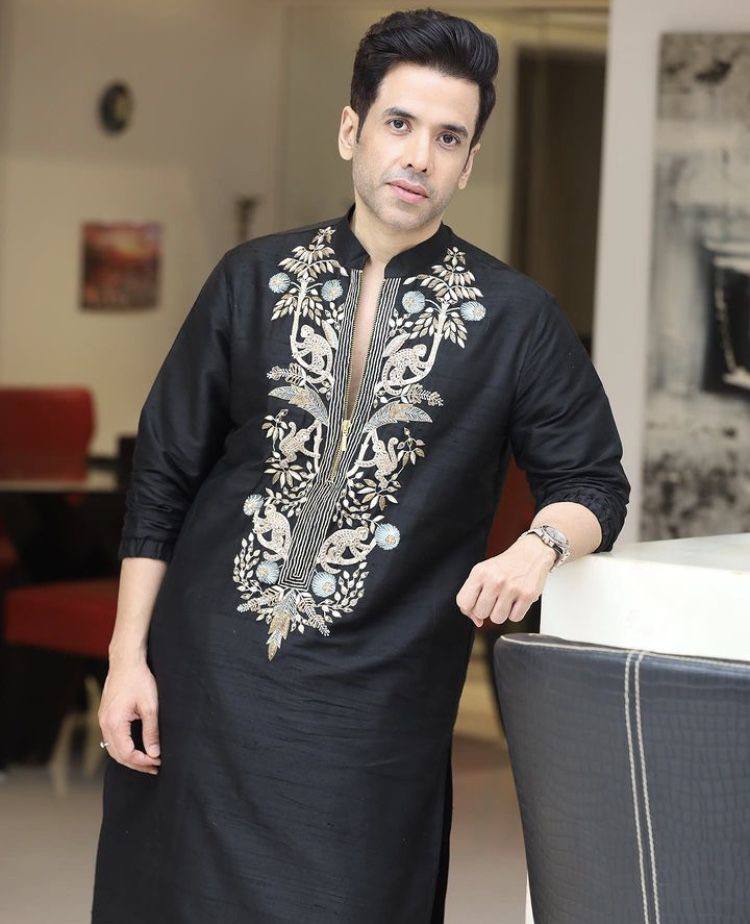 BLACK NACK SATIN EMBROIDERED KURTA WITH PAJAMA SET