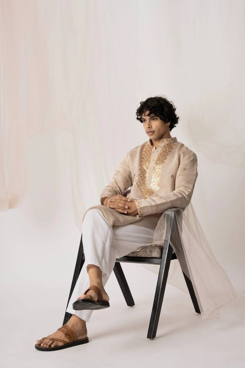 GOLDEN SEQUENCE EMBROIDERY WORK MEN’S KURTA WITH PAJAMA