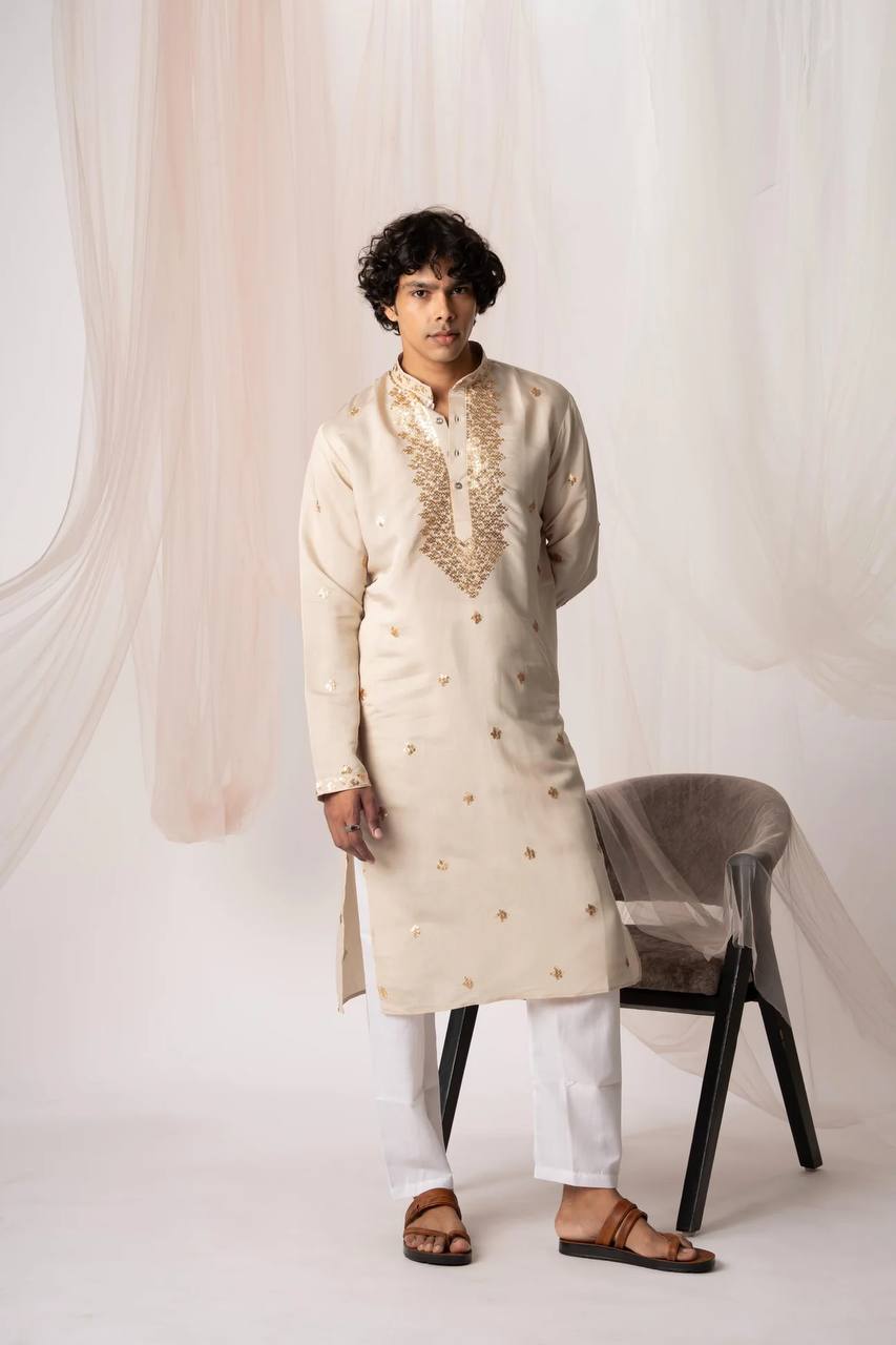GOLDEN SEQUENCE EMBROIDERY WORK MEN’S KURTA WITH PAJAMA