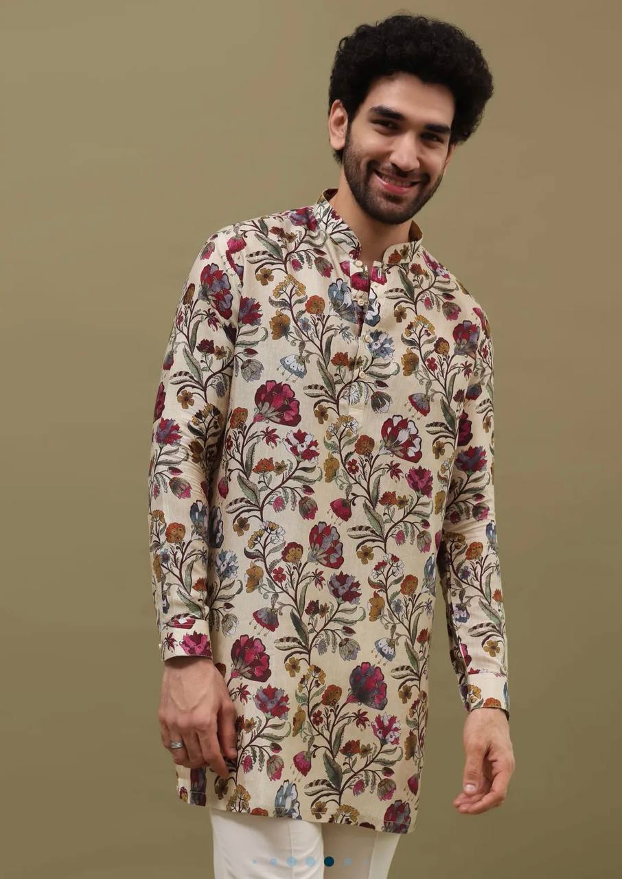 OFF WHITE FLOWER PRINTED KURTA PAJAMA SET