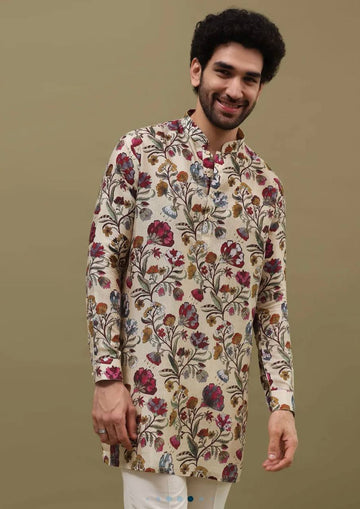 OFF WHITE FLOWER PRINTED KURTA PAJAMA SET
