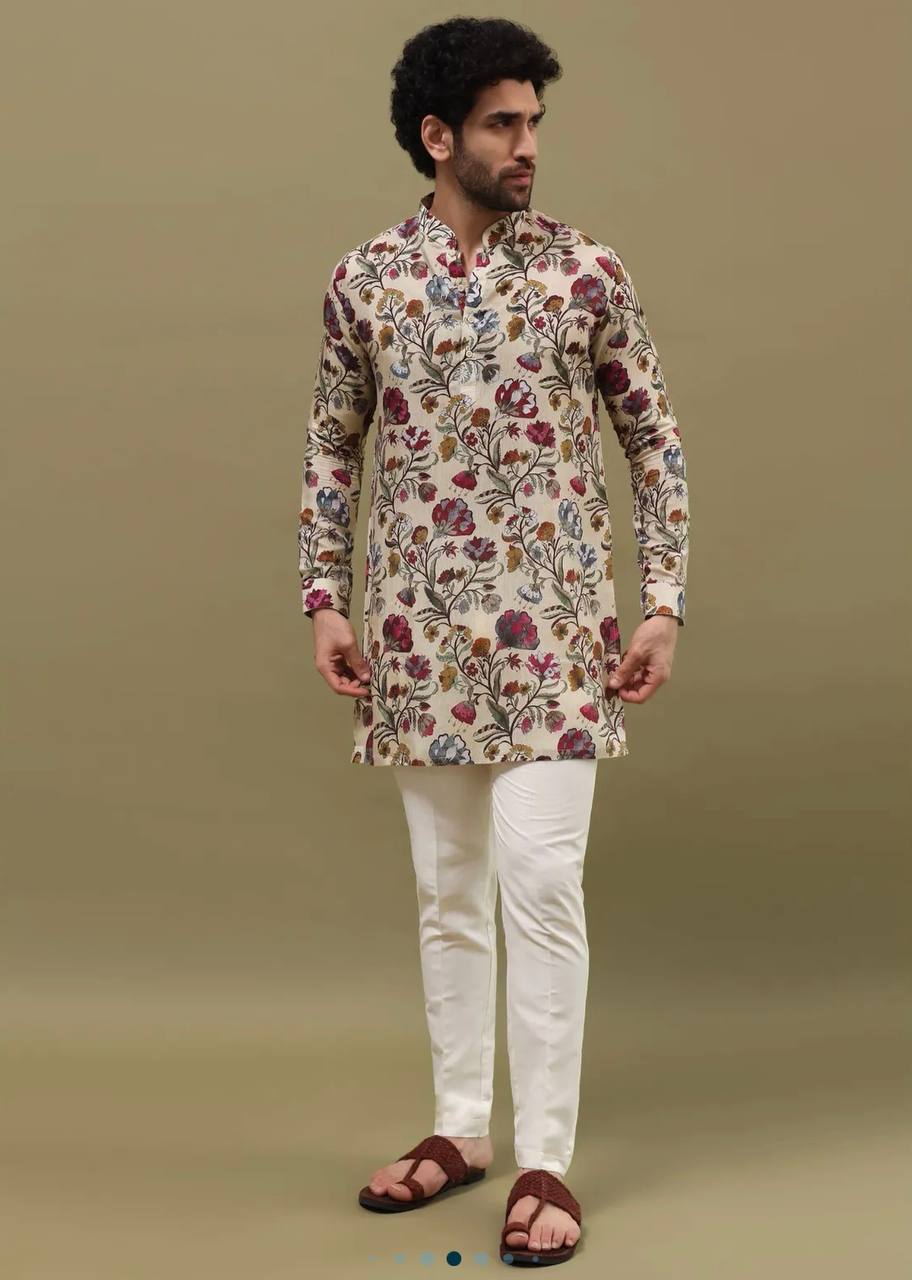 OFF WHITE FLOWER PRINTED KURTA PAJAMA SET