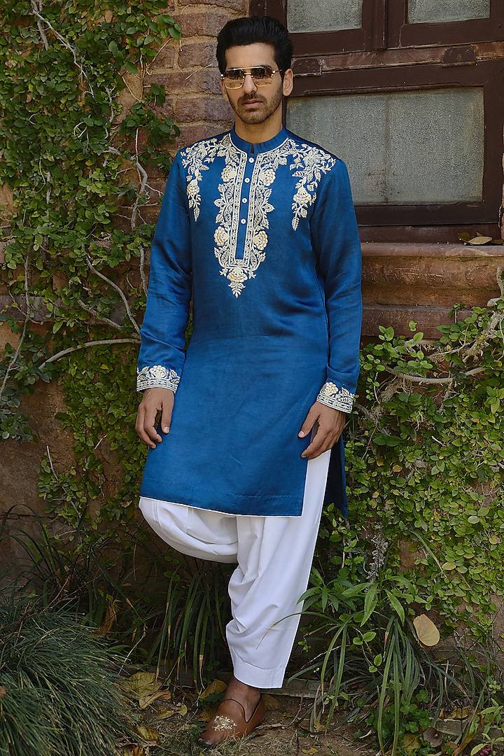 BLUE NACK WHITE  EMBROIDERED KURTA WITH PAJAMA SET