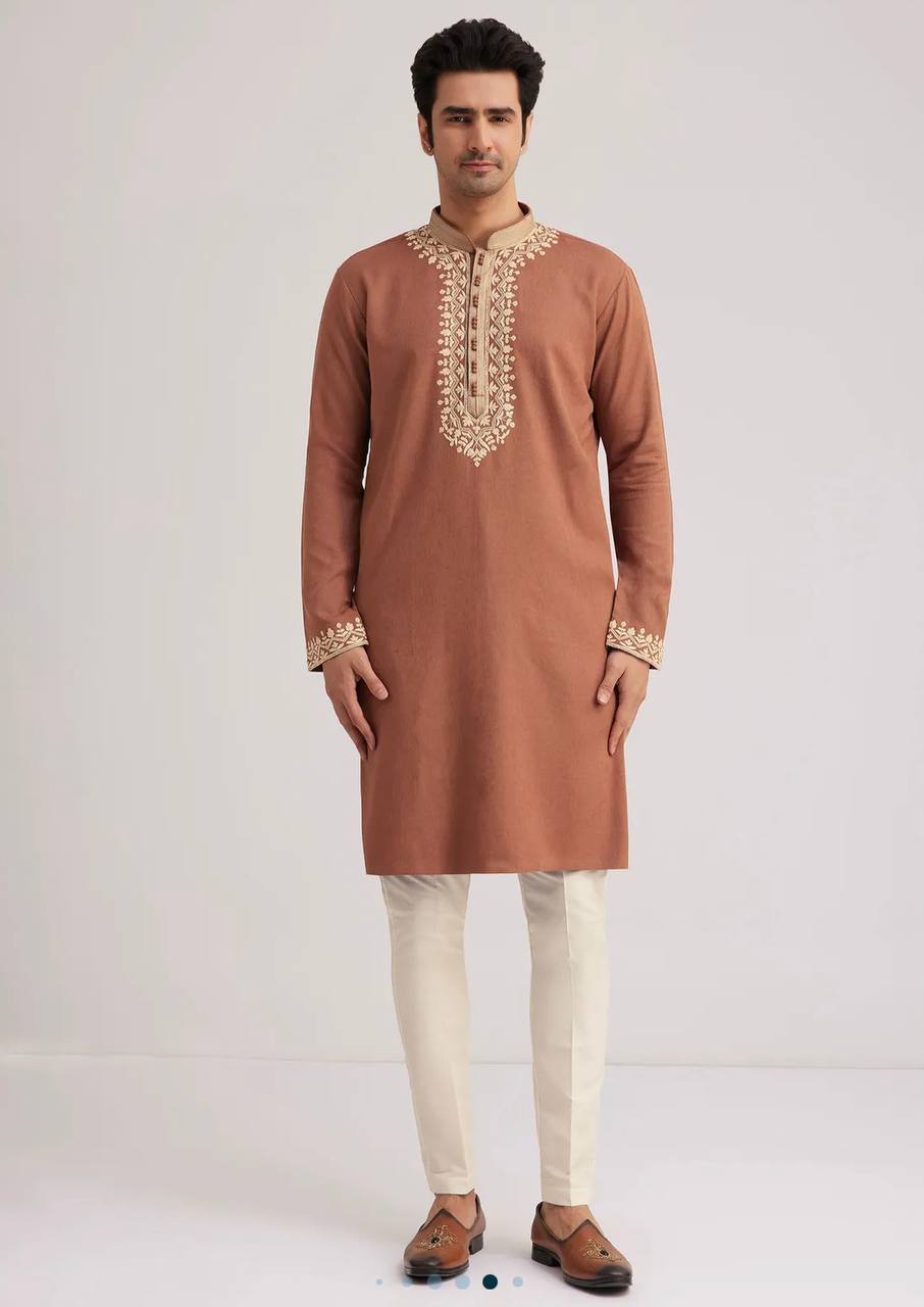 BROWN COTTON EMBROIDERED KURTA WITH PAJAMA SET