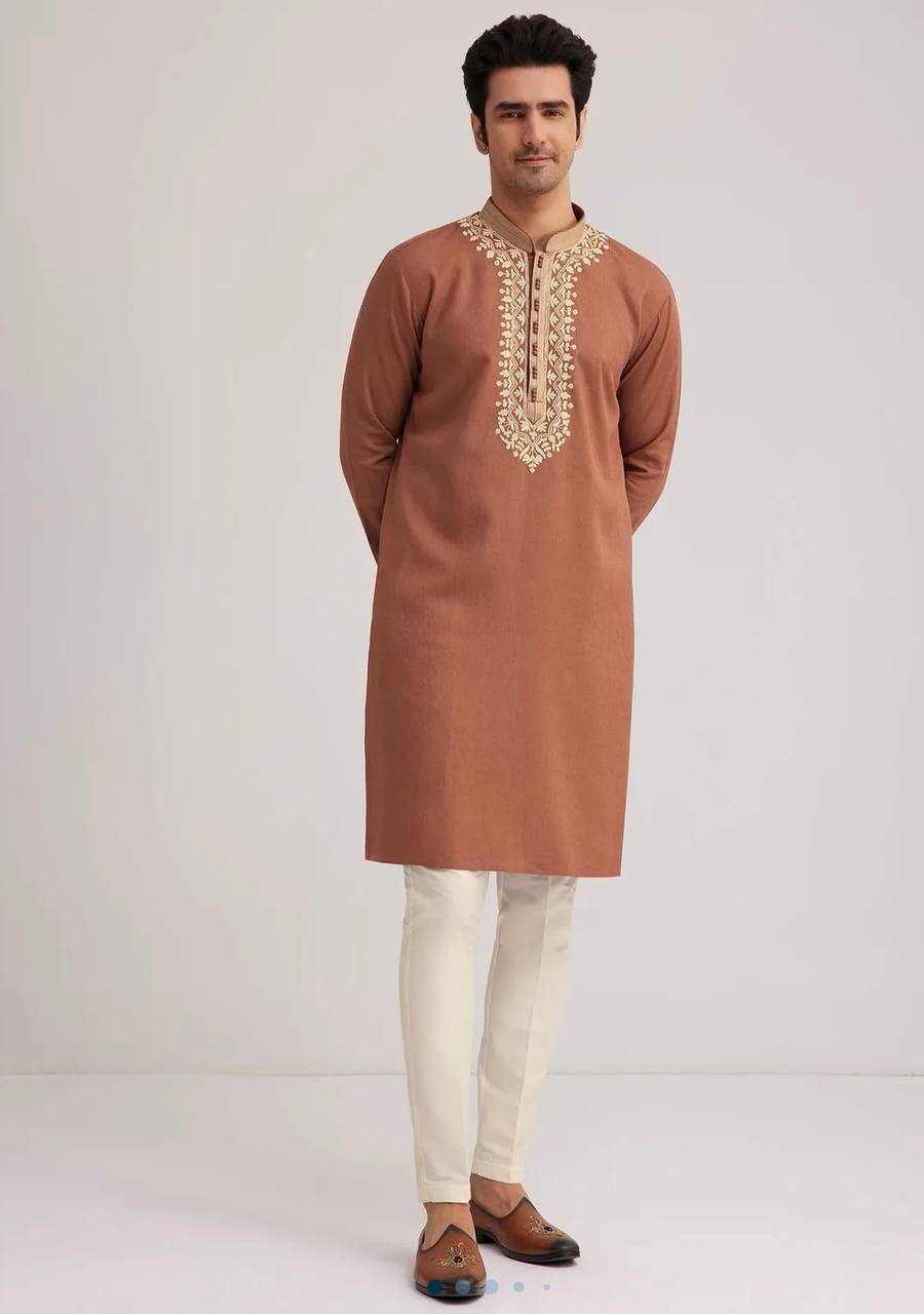 BROWN COTTON EMBROIDERED KURTA WITH PAJAMA SET