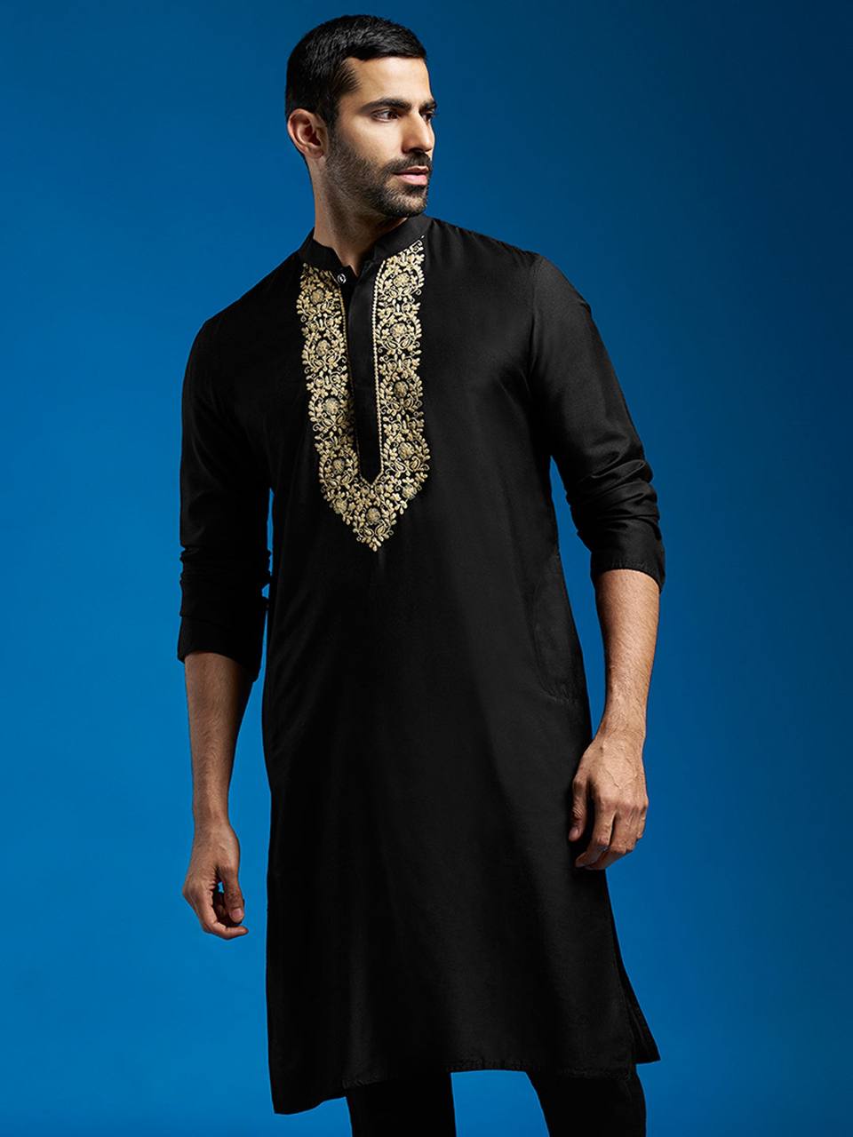 BLACK FLORAL YOKE EMBROIDERED MEN'S KURTA WITH PAJAMA SET