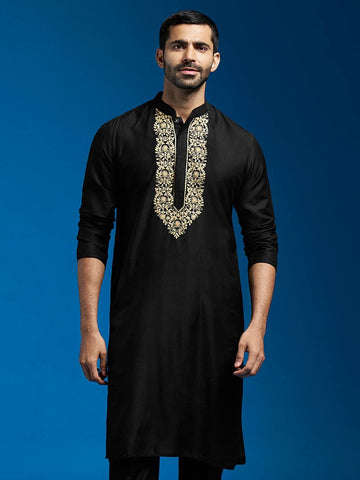 BLACK FLORAL YOKE EMBROIDERED MEN'S KURTA WITH PAJAMA SET