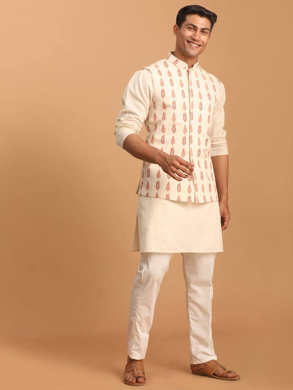 White Color Red Butti Motif Printed Jacket And Kurta Set For Men's