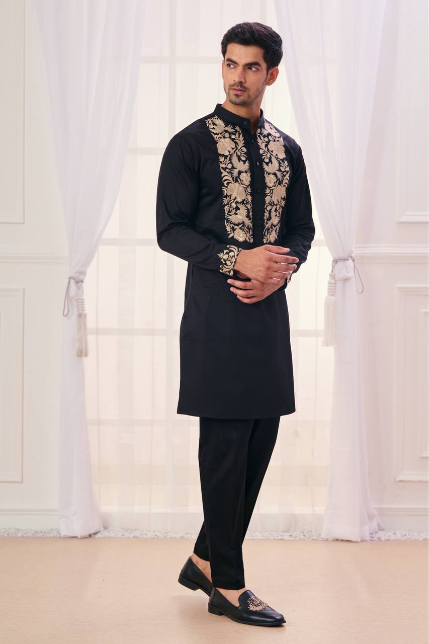 BLACK NECK BIRDS EMBROIDERED WORK MEN’S KURTA WITH PAJAMA