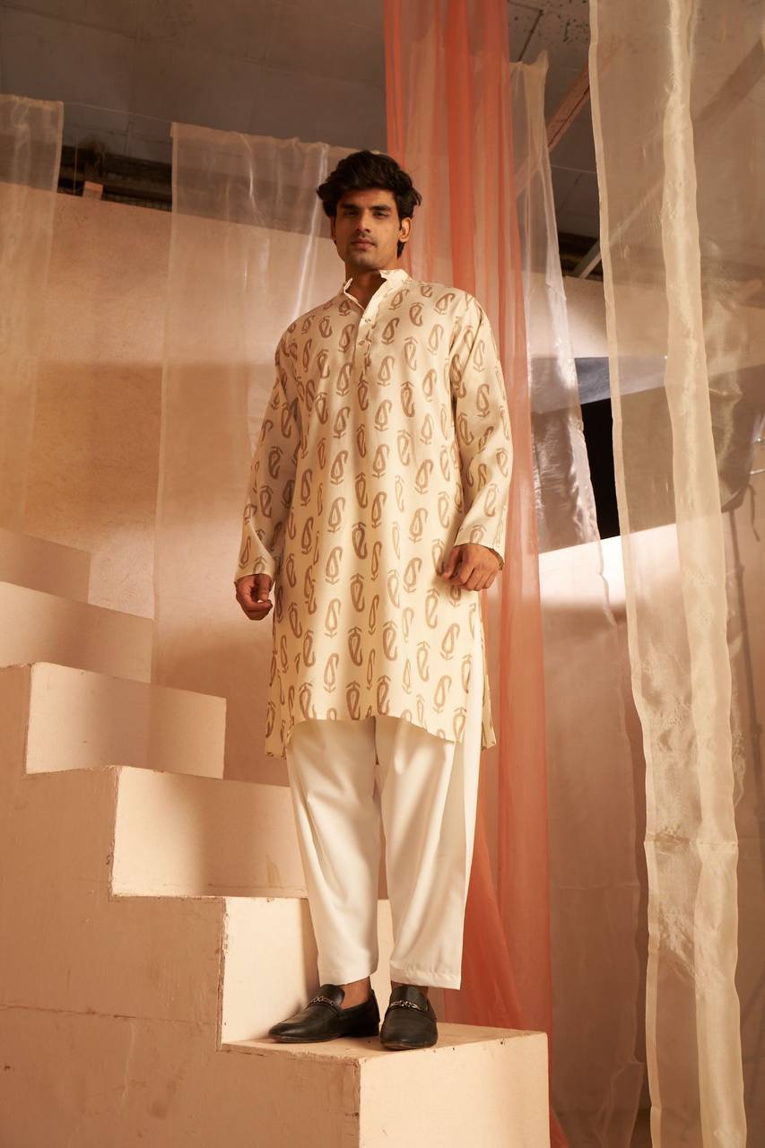 OFF WHITE DESIGNER BROWN PRINTED KURTA PAJAMA SET