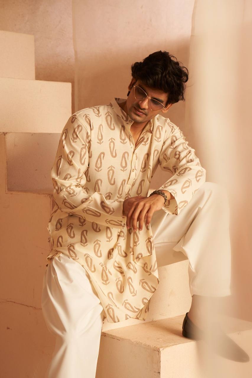 OFF WHITE DESIGNER BROWN PRINTED KURTA PAJAMA SET